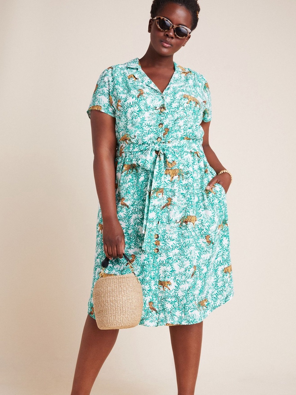 Anthropologie Maeve Catherine Shirtdress Dress Size 16W Green Tiger Print